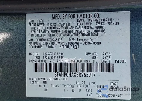 2011 Ford Fusion Se from USA, damaged, VIN 3FAHP0HAXBR265917